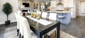 kitchen in luxury modern contemporary home interior with island and chairs