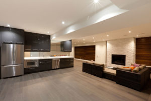 large modern den and kitchen
